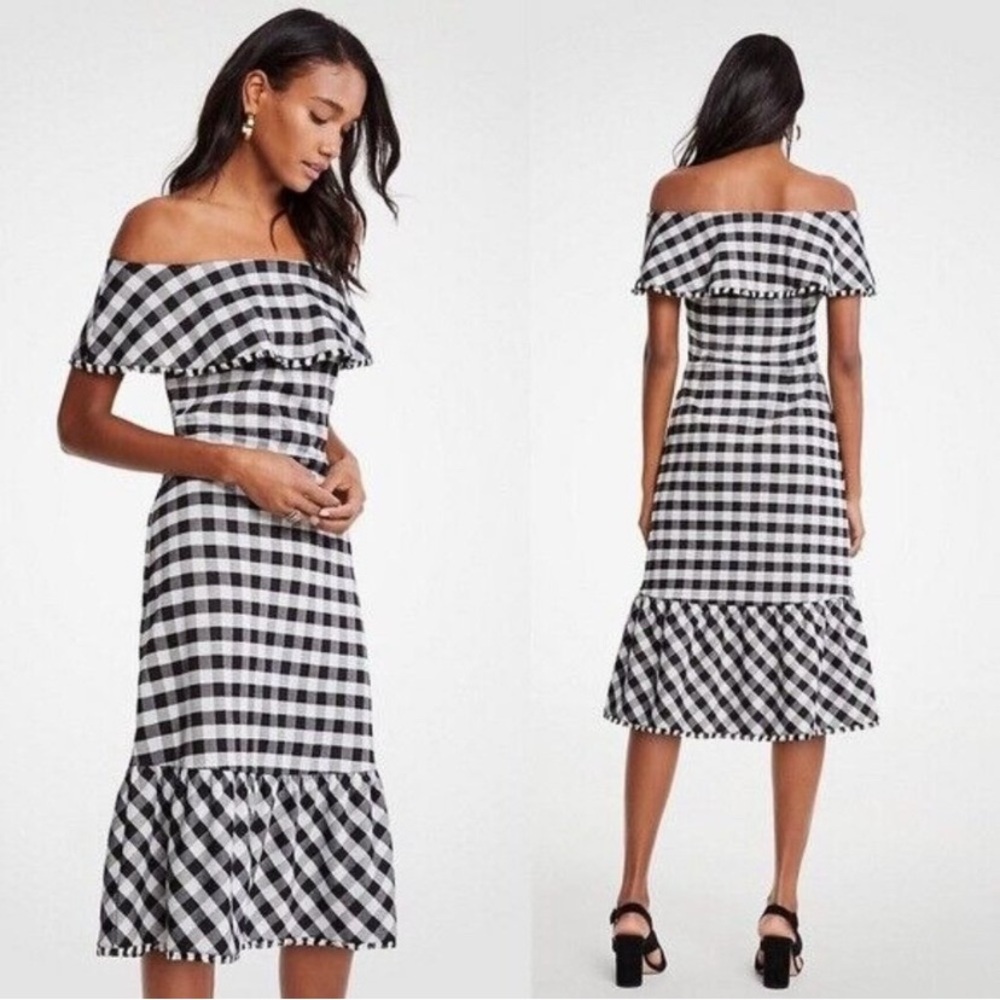 NWT Ann Taylor Black and White Gingham Off Shoulder Dress size 6